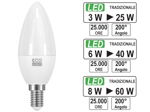 LAMPADINE ECOLIGHT LED E14 OL.3W C. (cartone 10 PZ)