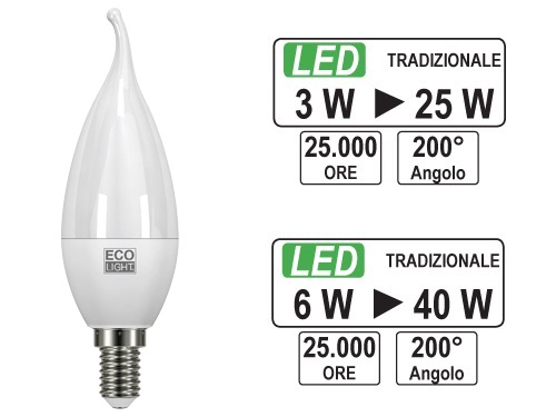 LAMPADINE ECOLIGHT LED E14 C.V. 4W C. (cartone 10 PZ)