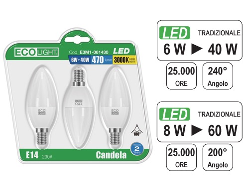 LAMPADINE ECOLIGHT LED E14 OL.6W C.CF3PZ