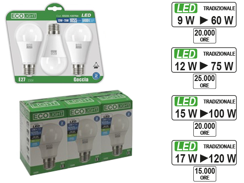 LAMPADINE ECOLIGHT LED E27 GO.9W C.CF3PZ