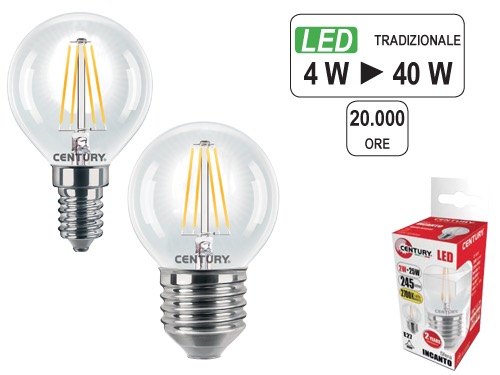 LAMPADINE CENTURY LED FIL.E14 M/GL.4W C. (cartone 10 PZ)