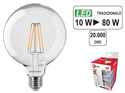 LAMPADINE CENTURY LED FIL.E27 GLO.10W C. (cartone 5 PZ)